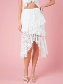 Enchnt Women's Asymmetrical Hem Lace Skirt - White - View 4