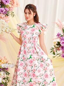 SHEIN Teen Girls' Knit Texture & Jacquard Floral Printed Cap Sleeve A-Line Dress - Multicolor - View 6