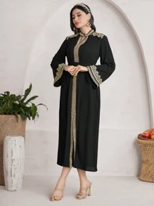 Al Najma 女款拼布編織腰帶長袖土耳其束腰外衣 - 黑色 - 查看 3