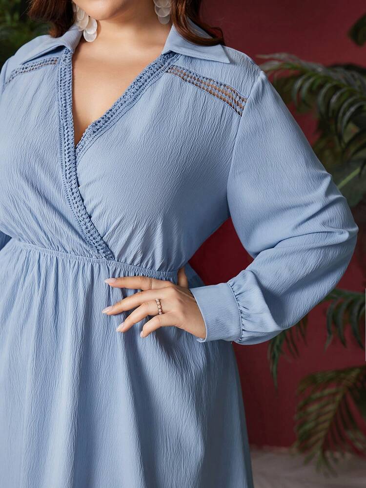 Plus Size Women's Lantern Sleeve Dress With Fold Over Collar