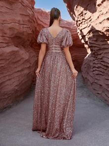 LOVE&LEMONADE Pailletten Ballonärmel Formelles Kleid - Braun - Übersicht 2