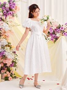 SHEIN 少女甜心領蓬松袖紋理提花裙,配腰帶 - 白色 - 查看 5