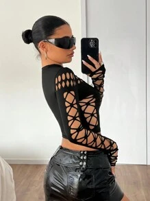 SHEIN ICON 不对称烧花 & 镂空黑色 T 恤 - 黑色 - 查看 5