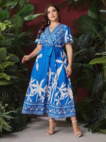 Mulvari Plus Size Women's Palm Tree Printed Ruffle Short Sleeve Dress - Blue - View 6