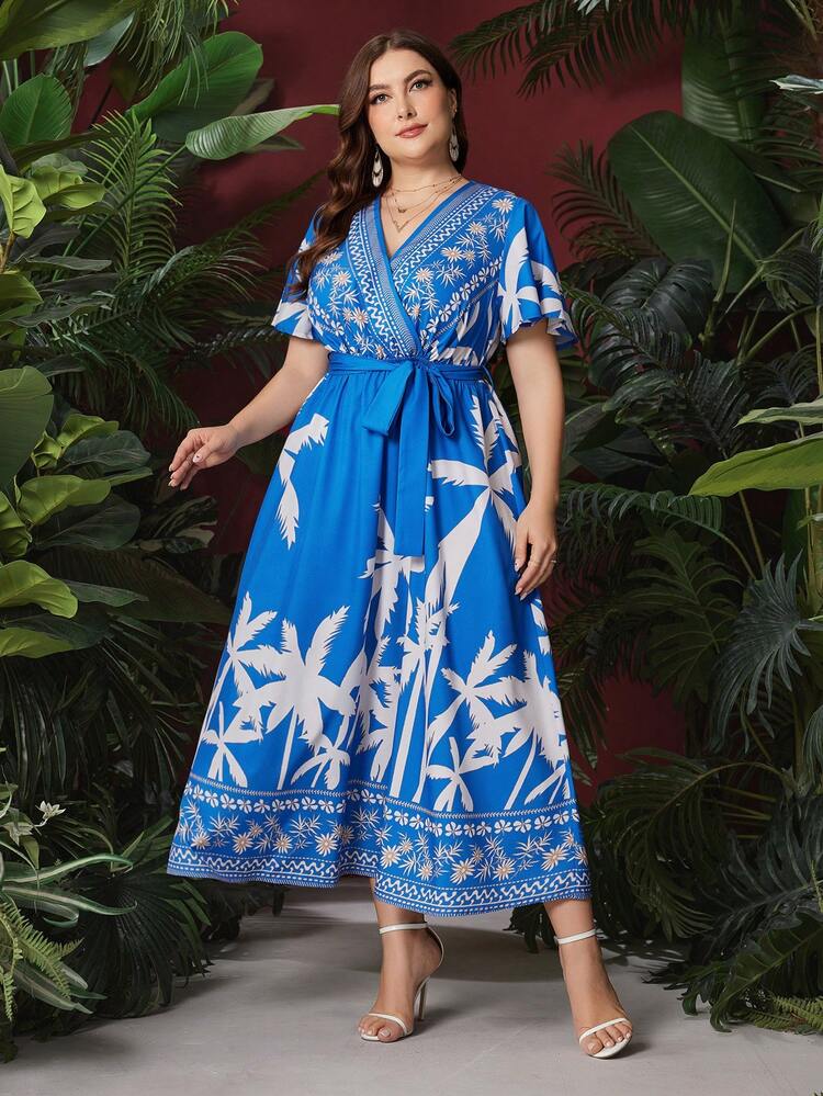 Plus Size Women's Palm Tree Printed Ruffle Short Sleeve Dress