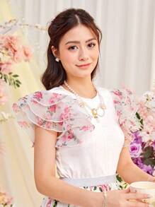SHEIN Teen Girls' Organza Flower Printed Layered Ruffle Sleeve Textured Knit T-Shirt