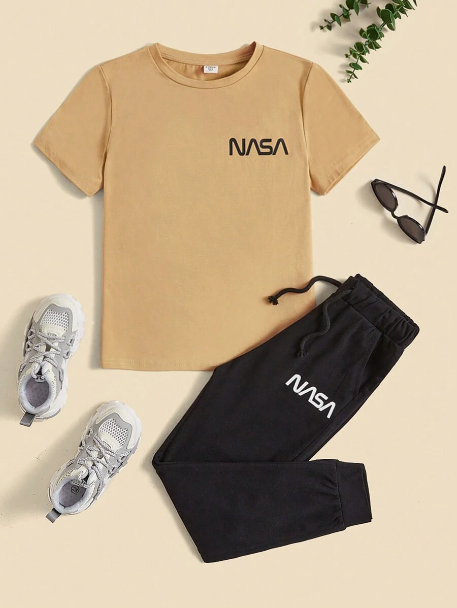 SHEIN Cậu bé Tween Giải trí Thoải mái Khối màu 2 cái/bộ - Màu Khaki - Xem 1