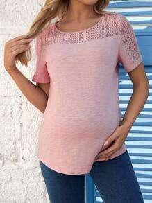 SHEIN Maternity Lace Splice Round Neck T-Shirt - Pink - View 1