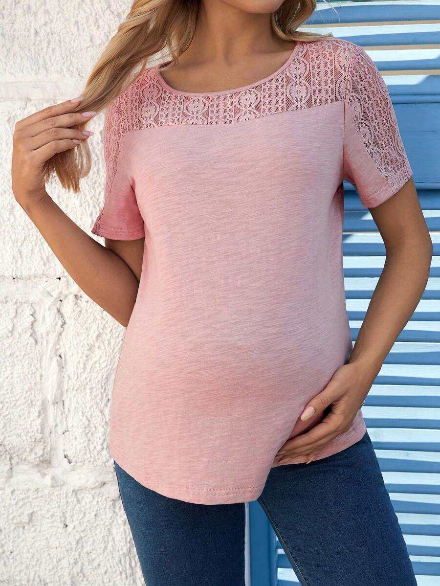 SHEIN Maternity Lace Splice Round Neck T-Shirt - Pink - View 1