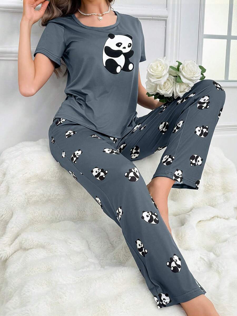 Ladies' Panda Printed Short Sleeve And Long Pants Pajama Set
