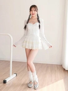 SHEINNeu 夏季白色裙子芭蕾蝴蝶结可爱公主裙撞色蕾丝荷叶边迷你短裙 - 白色 - 查看 5