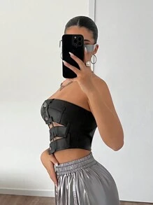 SHEIN ICON Top De Poliuretano Con Corsé Negro Sin Tirantes Y Diseño De Cintura - Negro - Ver 3