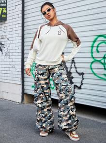 SHEIN Sports Damska bluza z kapturem z nadrukowanymi literami i kolorowym wzorem blokowym do sportu Bluza dla kobiet Bluzy damskie