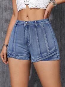 SHEIN EZwear 女式不對稱邊縫包覆式丹寧短褲 - 中等水洗藍 - 查看 6