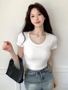 DAZY Vòng cổ Màu thuần Thon gọn Ngắn tay Áo thun - trắng - Xem 2