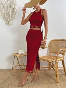 Breezaya Ladies' Fringed Hem Halter Neck Split Skirt Two-Piece Set - Red - View 4