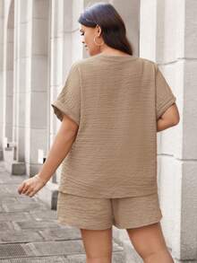 SHEIN LUNE Kích thước lớn Màu thuần Ngắn tay Giải trí Hai chiếc Bộ - Màu Khaki - Xem 2