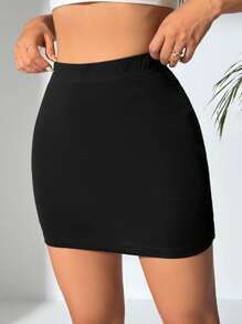 SHEIN PETITE Women's Solid Color Bodycon Skirt - Black - View 8