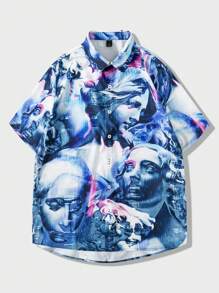 ROMWE MEN Street Life 男士肖像印花短袖襯衫 - 彩色 - 查看 1