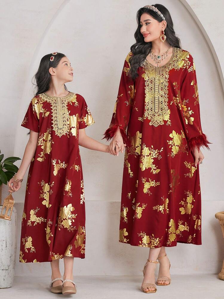 Women's Arabic Style Jalabiya Dress Featuring Hairball Detail And Golden Print On Cuffs
