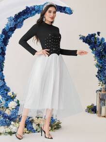 Modelyn Women's Color Block Dress With Stud Decoration Long Evening Dresses