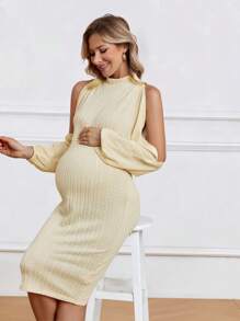 SHEIN Maternity Dresses Split Zip Plain Anggun - Aprikot - View 1