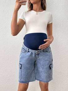 SHEIN Maternity Cargo Denim Shorts With Pockets - Light Wash - View 3