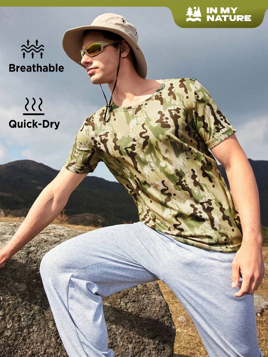 SHEIN In My Nature Men's Camouflage Outdoor T-shirt - Green - View 1