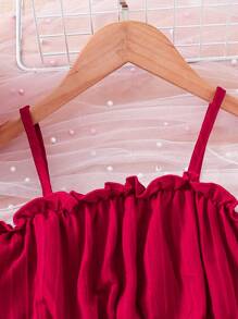 SHEIN 年輕女孩空心肩短上衣和高低裙套裝 - 紅色 - 查看 5