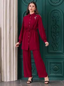 EURMUSE Elegant Commuter Rhinestone Bow Decor Drawstring Waist Shirt & Pants Set - Burgundy - View 1