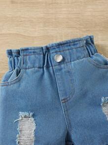 SHEIN Vintaside Kids Baby Girl's Letter Print Cap Sleeve Top With Ribbed Denim Shorts 2pcs Outfit Set