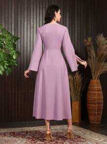 Modelyn Women's Gold Ribbon Patchwork Flare Sleeve Dress - Mauve Purple - View 2