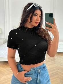 Solflare Black Knit Rib Texture Beaded Short Sleeve T-Shirt