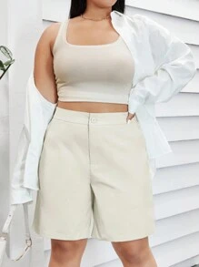 SHEIN Essnce 大尺碼女士實色短褲,帶口袋 - 米色 - 查看 5