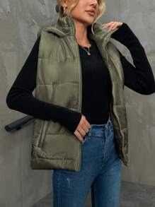 RueChic Pocket Side Zipper Front Vest Hooded Puffer Coat - Green - View 4