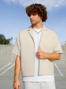 Manfinity Roghcode Men's Solid Color Short Sleeve Shirt And Pants Two Pieces Set - Beige - View 6
