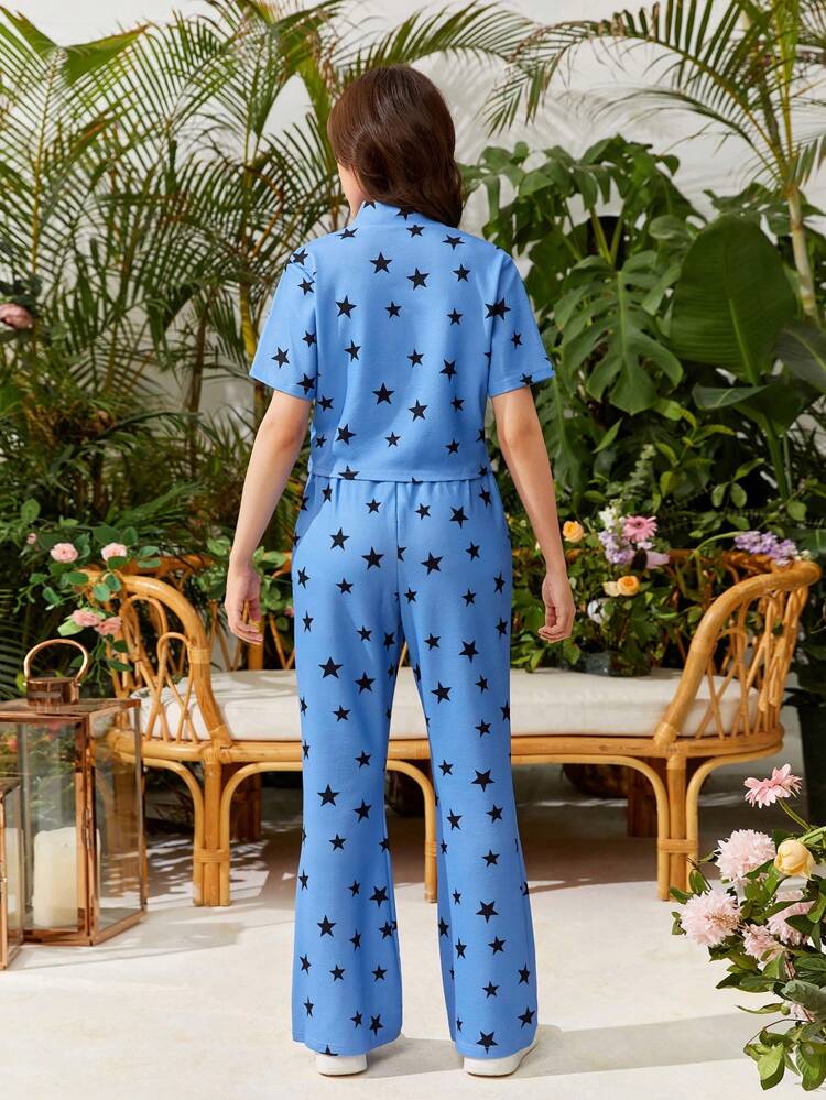 Teen Girls' Elegant Star Print Stand Collar T-Shirt And Flared Pants Set