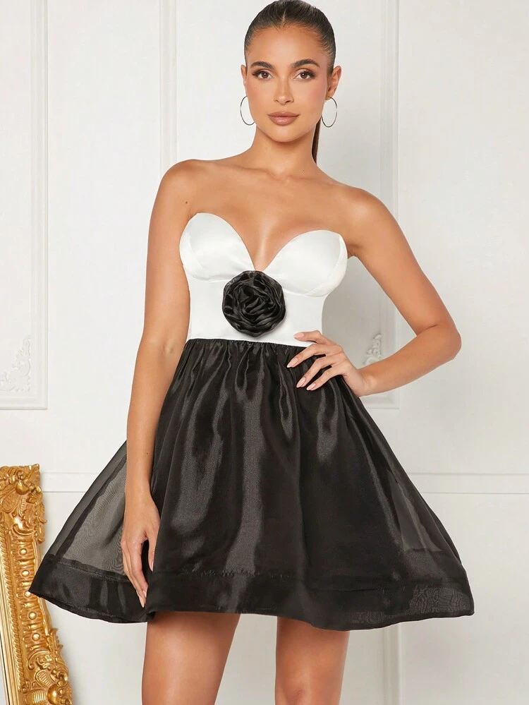 Colorblock 3D Rosette Sweetheart Dress