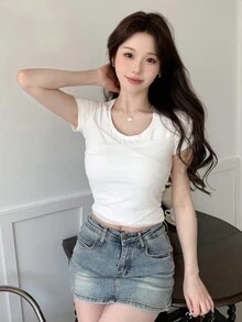 DAZY Vòng cổ Màu thuần Thon gọn Ngắn tay Áo thun - trắng - Xem 5