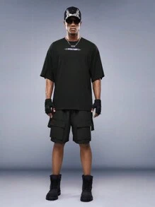 Manfinity VCAY Loose Men's Drawstring Waist Cargo Shorts With Flap Pocket And Tape Decoration - Black - View 3