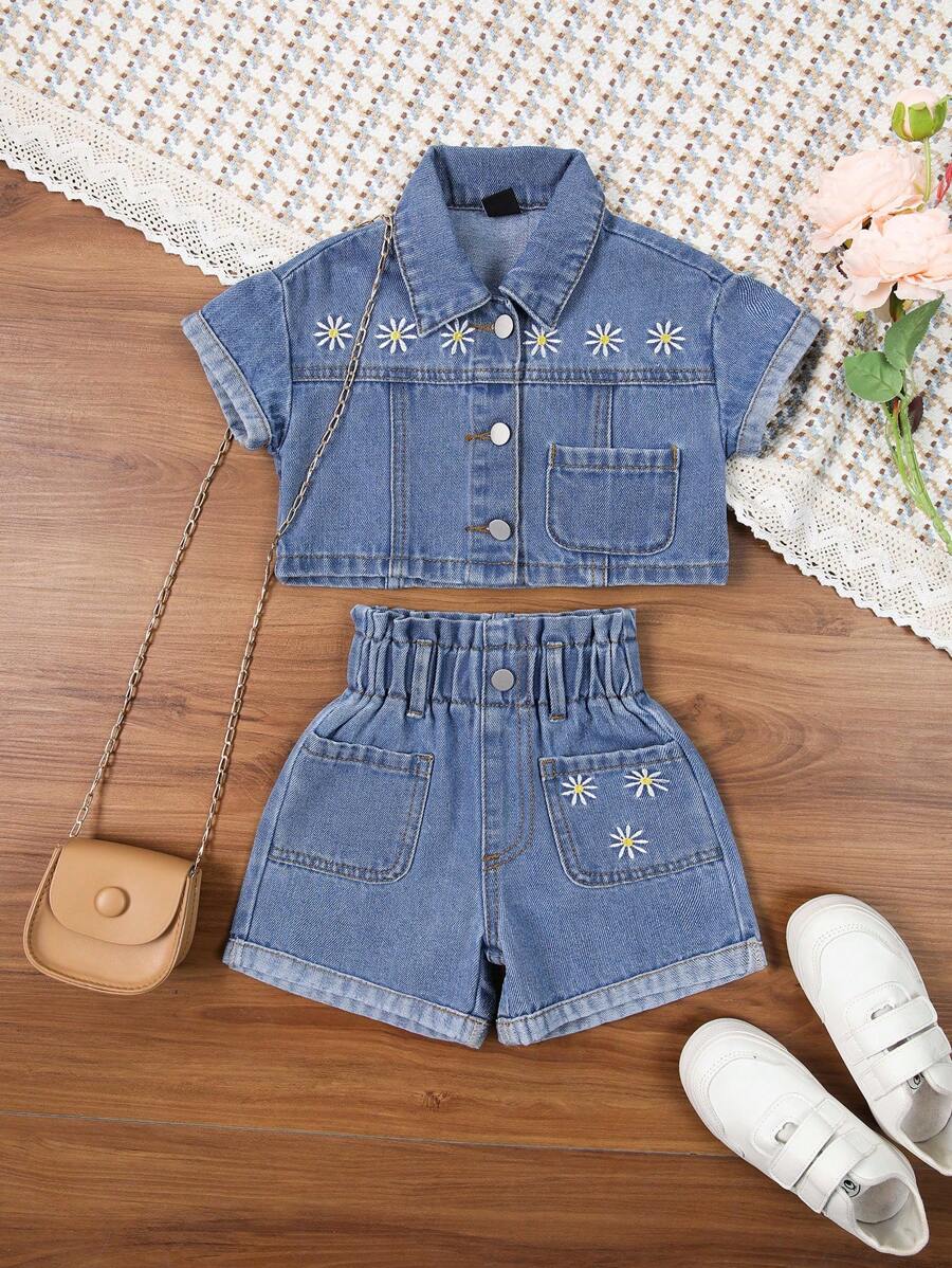 Baby Girl Frayed + Embroidery Denim Shorts Set - Medium Wash - View 1