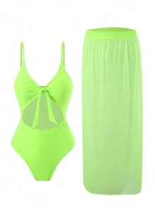 SHEIN Swim Xu hướng: Cắt giảm Mặt trước Buộc Đồ bơi một mảnh + Đồ bơi Đáy - Nhiều màu - Xem 1