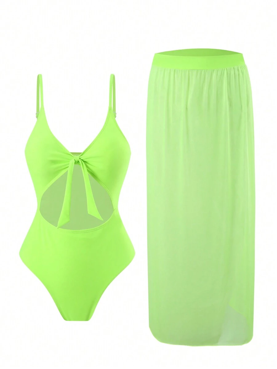 SHEIN Swim Xu hướng: Cắt giảm Mặt trước Buộc Đồ bơi một mảnh + Đồ bơi Đáy - Nhiều màu - Xem 1