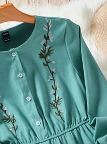 SHEIN VCAY Women's Plant Embroidery Round Neck Dress - Green - View 4