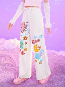 ROMWE X Care Bears Cartoon Bear Print Wide Leg Jeans - White - View 5
