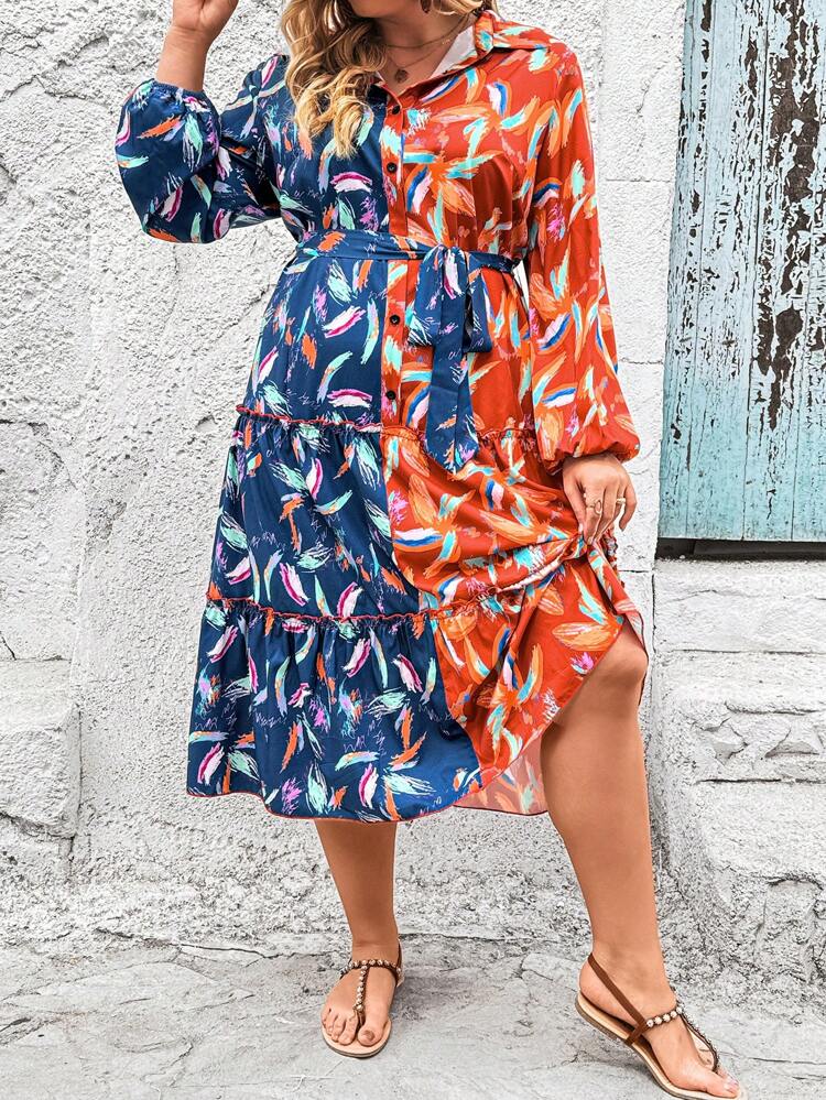 Plus Size Women's Plant Printed Lantern Sleeve Blouse Dress