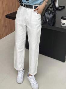 DAZY Women's Classic Solid Color Denim Pants With Slanted Pockets, No Belt Women Jeans - White - View 1