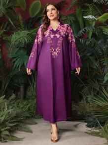 Al Najma Plus Size Women's Arabic Clothing With Floral Print - Red Violet - View 6