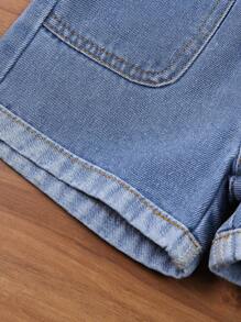 Baby Girl Frayed + Embroidery Denim Shorts Set - Medium Wash - View 3