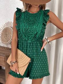 SHEIN Clasi Women's Polka Dot Lace Patchwork Ruffle Trim Jumpsuit - Dark Green - View 3